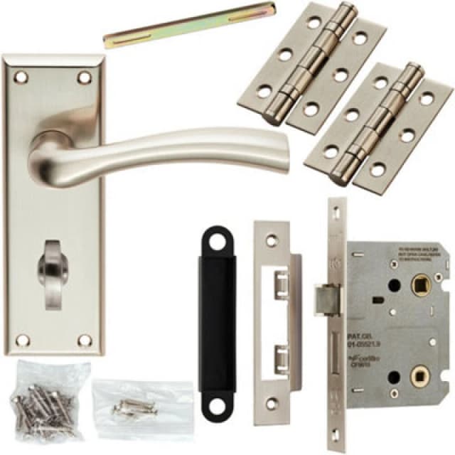 Loops Door Handle & Bathroom Lock Pack Satin Nickel Chunky Tapered Lever Backplate Metallics