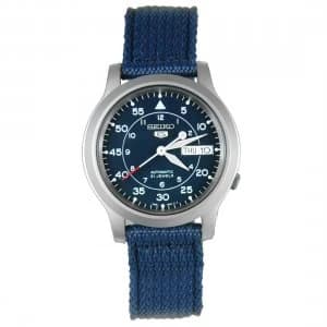 Seiko 5 Mens Automatic Stainless Steel Watch with Blue Canvas Band SNK807K2