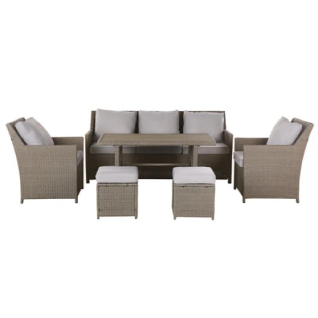 Beliani Garden Lounge Set With Table And Ottoman 5 Seater Fonti With Cushions Pe Rattan Taupe