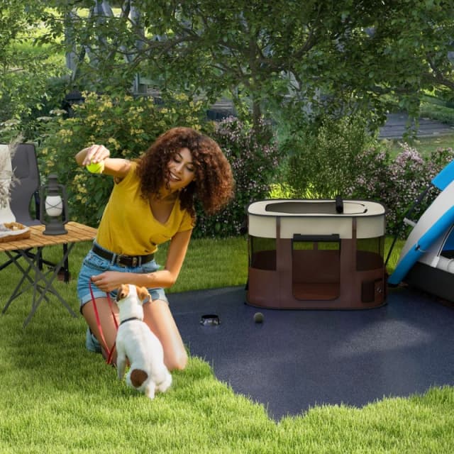 PawHut Portable Dog Pen for Puppies, Rabbits, Kittens, Guinea Pigs, Brown l - Pawhut 5056725529499