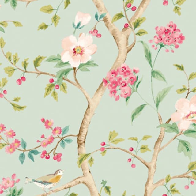 Hoopla Walls Bird Song - Seafoam & Rose 10M Wallpaper
