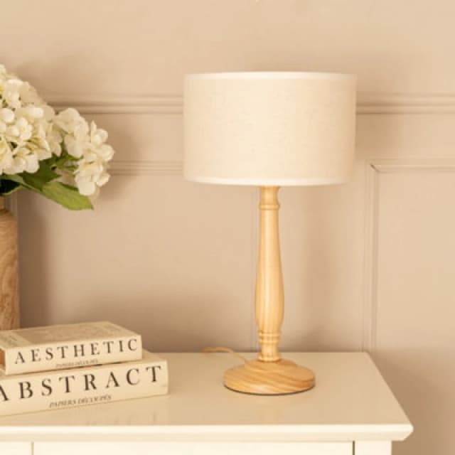 ValueLights Victoria Light Wood Candlestick Table Lamp with Linen White Trim Drum Lamp Shade Natural