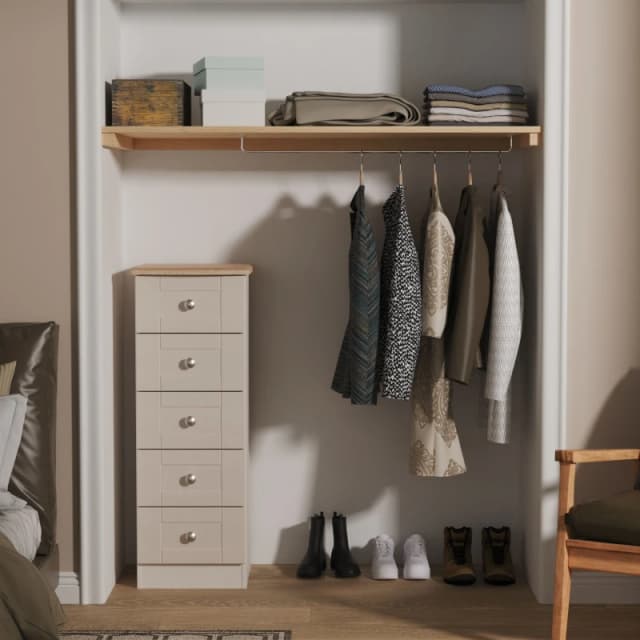 Santander Ready Assembled Matt Beige & Oak 5 Drawer Wide Bedside Chest (H)1074mm (W)395mm (D)411mm