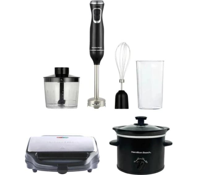 HAMILTON BEACH Essentials Hand Blender, Sandwich Toaster & Slow Cooker Bundle Black 5060916373525
