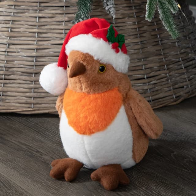 23cm Plush Christmas Robin Decoration with Santa Hat