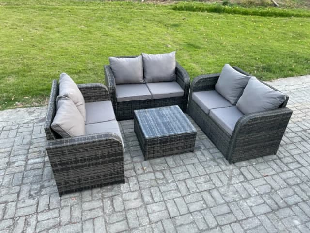 Fimous Outdoor Garden Furniture Sets 6 Seater Wicker Rattan Furniture Sofa Sets with Square Coffee Table Love seat Sofa Dark Grey