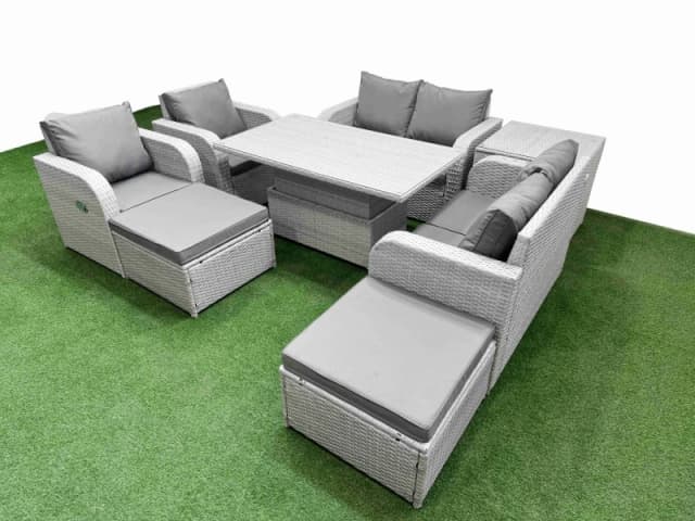 Fimous 8 Seater Outdoor Reclining Chair Love Sofa Set Rattan Garden Furniture Set with Adjustable Lifting Dining or Coffee Table 2 Big FootStools Sid
