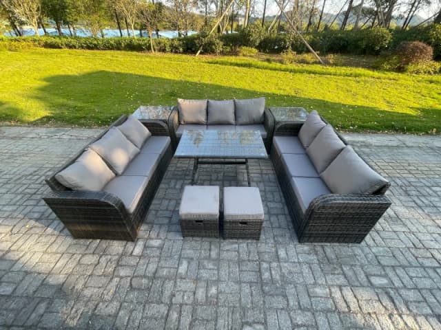Fimous Rattan Garden Furniture Set 11 Seater Patio Outdoor Lounge Sofa Set with 2 Side Tables Rectangular Dining Table 2 Small Footstools Dark Grey