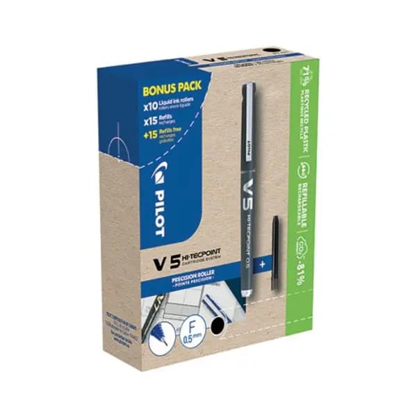 Pilot Pilot Hi-Tecpoint V5 Liquid Ink Rollerball Pen Black 10 Pens + 30 Refills (Pack of 40) 3131910556237 3131910556237