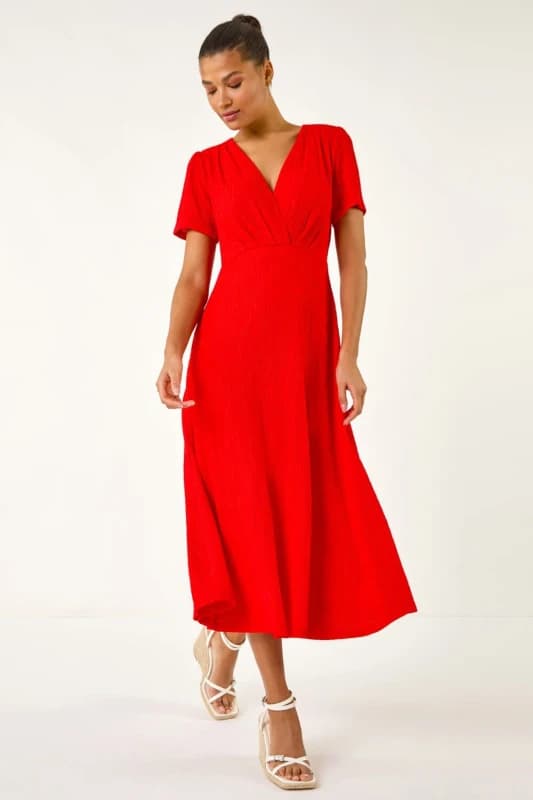 Roman Womens Textured Wrap Bodice Midi Dress in Red Size: 16 Red Female 16