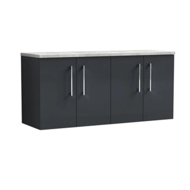 Nuie Arno Wall Hung 4-Door Vanity Unit & Laminate Worktop In Bellato Grey, Modern Counter Top Vanity Unit In Soft Black