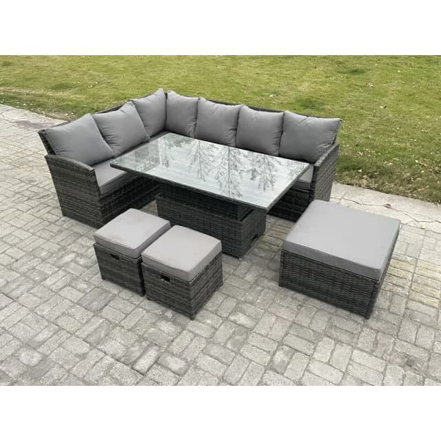 Fimous Wicker PE Outdoor Rattan Garden Furniture Set Height Adjustable Rising Lifting Table Sofa Dining Set with 3 Footstools Dark Grey Mixed Dark Gre
