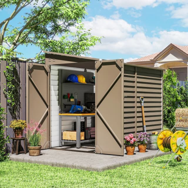 Outsunny 5 x 9ft Galvanised Metal Garden Shed with Foundation Kit, Brown, Brown 845-841V01BN