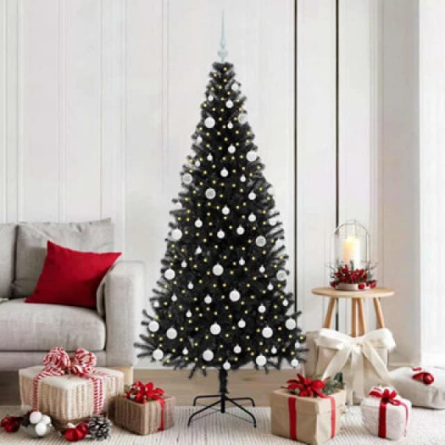 vidaXL Christmas Tree with 300 LEDs, White Balls with Stand Black 180cm PVC, Black 3396481