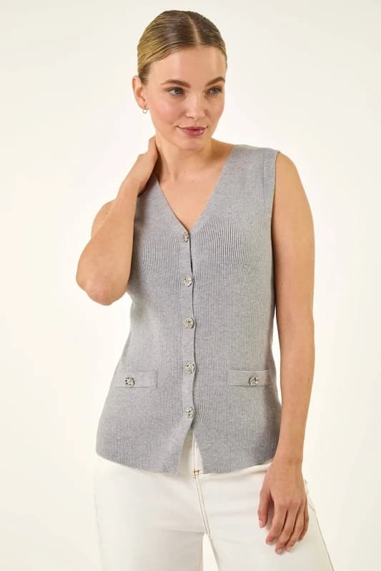 Dusk Womens Buttoned Knit Waistcoat in Grey Size: 14 Grey Female 14