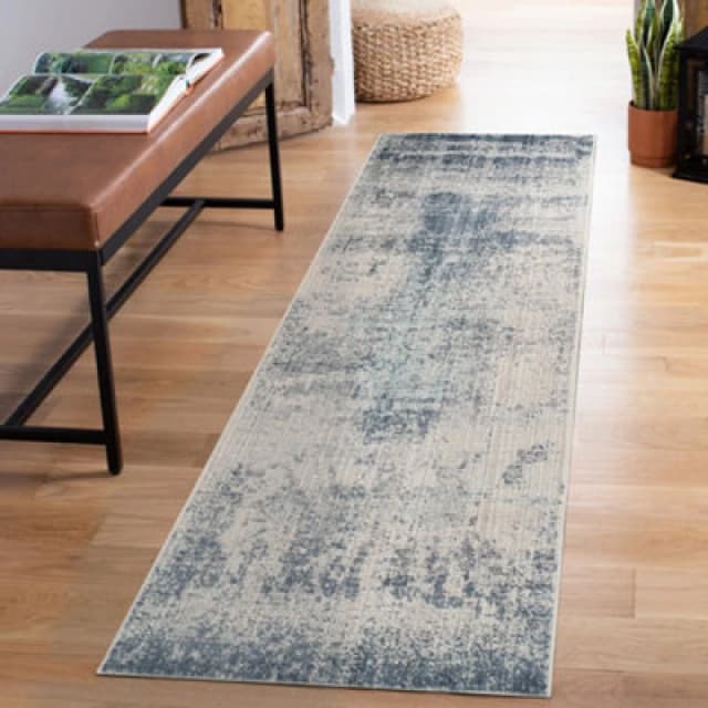 Maia Washable Low Pile Non Slip Mist Abstract Area Rug - Navy, 60 X 220 Cm (Runner)