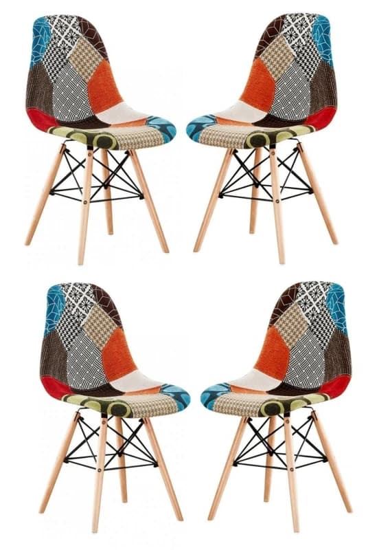 Life Interiors Life Interiors Set of 4 Colorful Patchwork Accent Chairs with Wooden Legs and Metal Wire Frame - Mid-Century Modern Dining Chair Multi