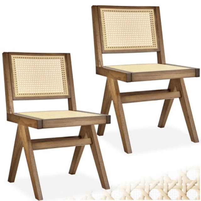 Tectake Set Of 2 Accent Chair Lizzy With Mid-Century Modern Design, Rattan Backrest And Solid Wood Frame - Light Oak