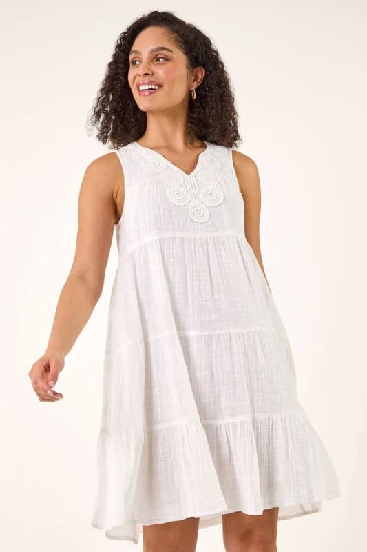 Roman Womens Cotton Trim Detail Smock Dress in White Size: 12 White Female 12