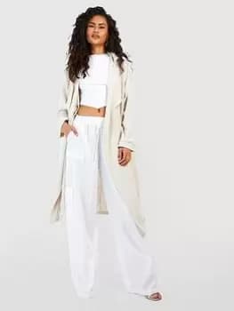 Boohoo Linen Look Trench Coat - Stone, Cream, Size 8, Women