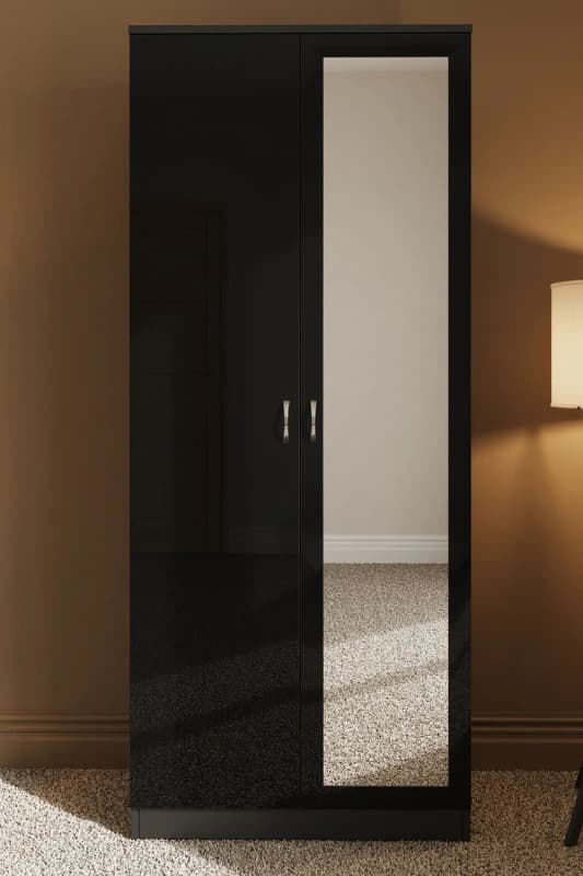 FWStyle FWStyle High Gloss 2 Door Mirrored Double Wardrobe in Black One Size Unisex 5056413121189