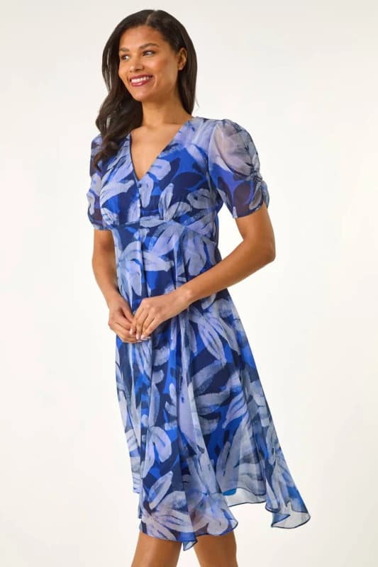 Roman Womens Abstract Floral Print Hanky Hem Dress in Blue Size: 14 Blue Female 14