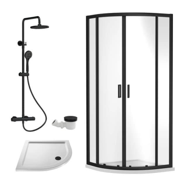 Balterley Ruwa Quadrant Bundle: Door, Tray, Round Kit, Waste 800mm White/Black in Black Unisex