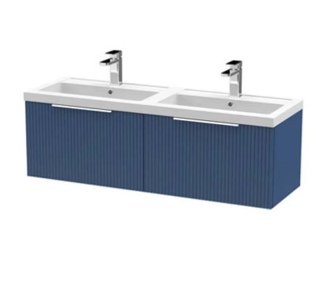 Hudson Reed Fluted Wall Hung 2-Drawer Vanity And Double Polymarble Basin, Premium Sink Vanity Unit, Satin Bluemm