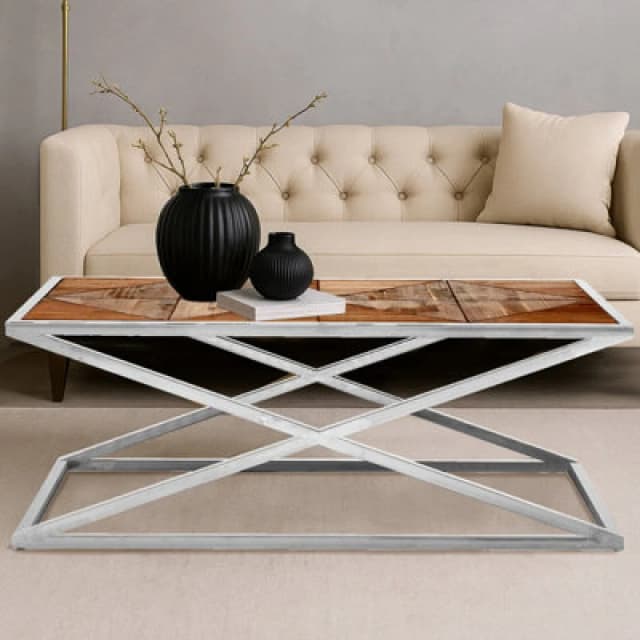 Premier Housewares Interiors by Premier Modern Coffee Table with Stainless Steel Frame and Distressed Wood Top, Stylish Industrial Coffee Table Natura