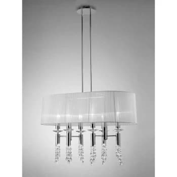 Tiffany pendant light 6 + 6 E27 + G9 bulbs oval, polished chrome with white lampshade & transparent crystal