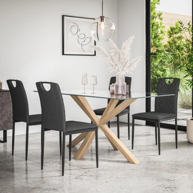 More4Homes Etta Glass Dining Table And Chairs - Glass Top W Solid Oak Legs + Monza Fabric Dining Chair Set Of 4 (Charcoal)