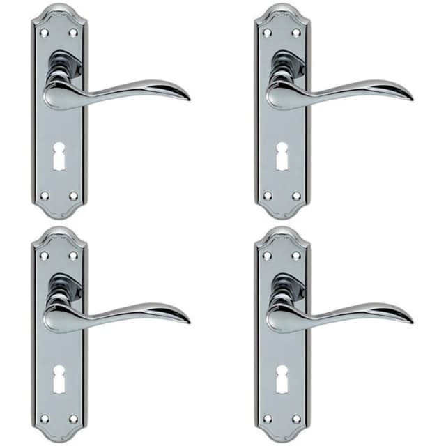 Loops 4x PAIR Curved Door Handle Lever on Lock Backplate 180 x 45mm Polished Chrome Multi