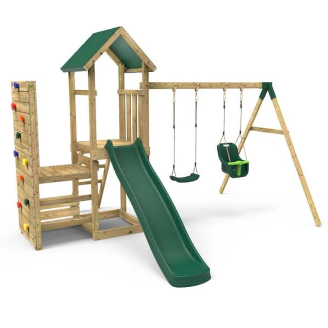 Rebo Wooden Climbing Frame with Swing, Vertical Climbing Wall and Slide - Rainier Green Green