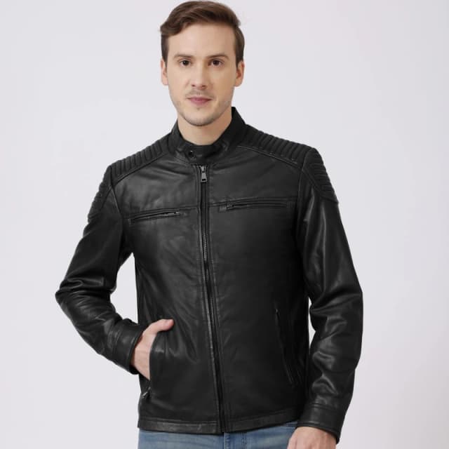 PRIMEHIDE Leather Mens Thomas Biker Leather Long Sleeve Leather Jacket Black male S