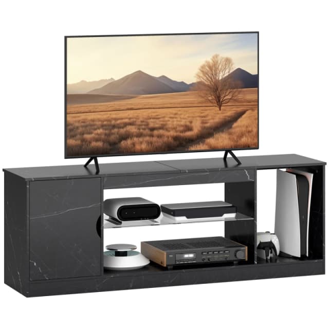 HOMCOM HOMCOM Marble Effect TV Stand Cabinet with Glass Shelf for 55" TVs in Black Size: 150cm x 35cm Black 150cm x 35cm Unisex 5063603793804