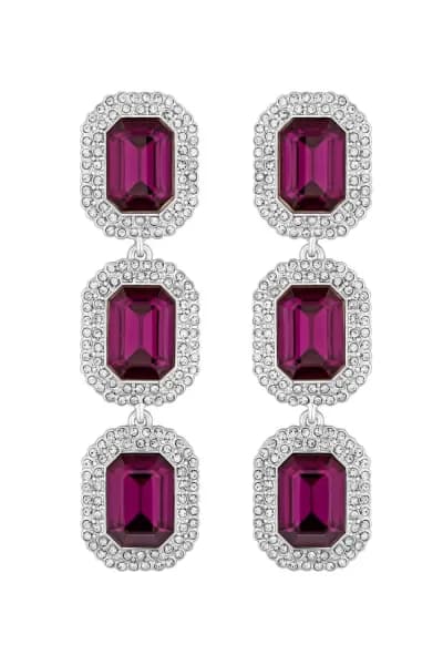 Silver Amethyst Crystal Pave Halo Three Drop Earrings
