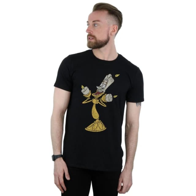 Disney Men Beauty And The Beast Lumiere Distressed T-Shirt in Black Size: Small Black S Male 5059114936830