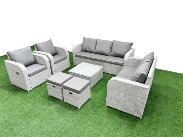 Fimous PE Rattan Garden Furniture Set Adjustable Chair Sofa Double Love Seat 2 Seater Sofa Lounge Set Square Coffee Table 2 Stools Light Grey Light Gr