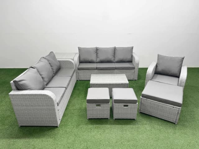 Fimous 10 Seater Poly Rattan Outdoor Garden Furniture Sofa Set Patio 3 Seater Sofa Reclining Chair 3 Seater Sofa 3 Stools Side Table Light Grey Light