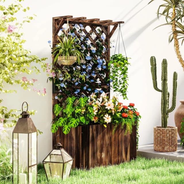 Outsunny Wooden Planter with Trellis and Drainage Holes - Carbonised finish TJ Hughes 5063603487161
