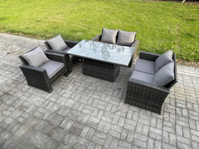Fimous Rattan Garden Furniture Sets 6 Seater Patio Outdoor Rising Lifting Table Sofa Set with Double Seat Sofa Dark Grey Mixed Dark Grey Unisex