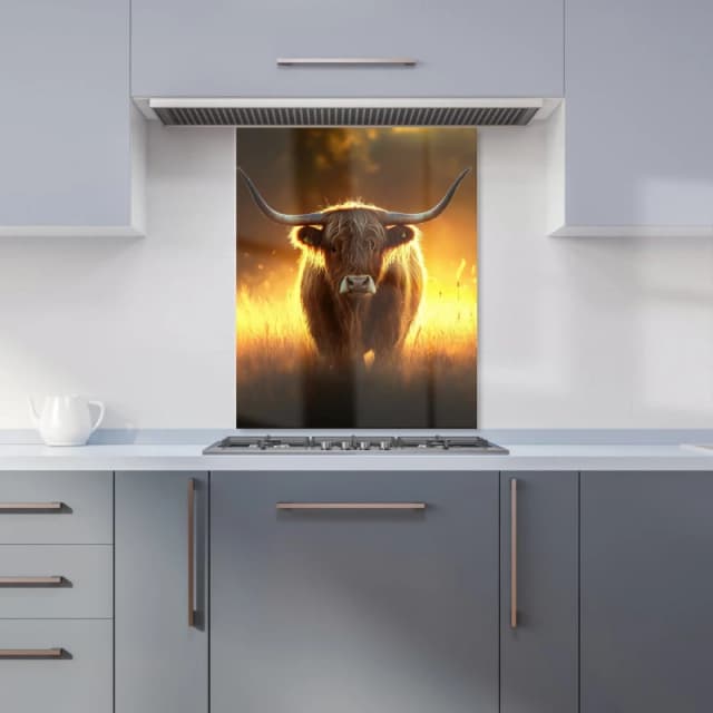 Warren Reed - Designer Highland Cow Sunset Kitchen Splashback in Orange Size: 600mm x 750mm Orange Unisex 600mm x 750mm