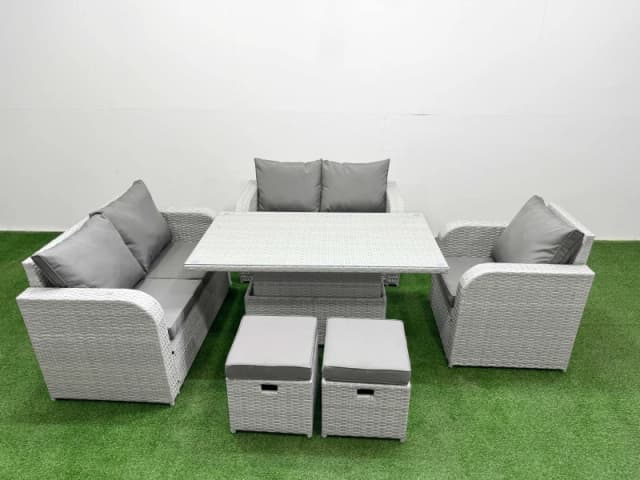 Fimous High Back Poly Rattan Garden Furniture Set with Adjustable Lifting Dining or Coffee Table Indoor Outdoor Patio Set 2 Stool