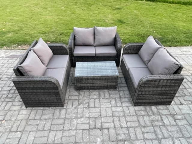 Fimous Outdoor Garden Furniture Sets 6 Seater Wicker Rattan Furniture Sofa Sets with Rectangular Coffee Table Love Sofa Dark Grey Mixed Dark Grey