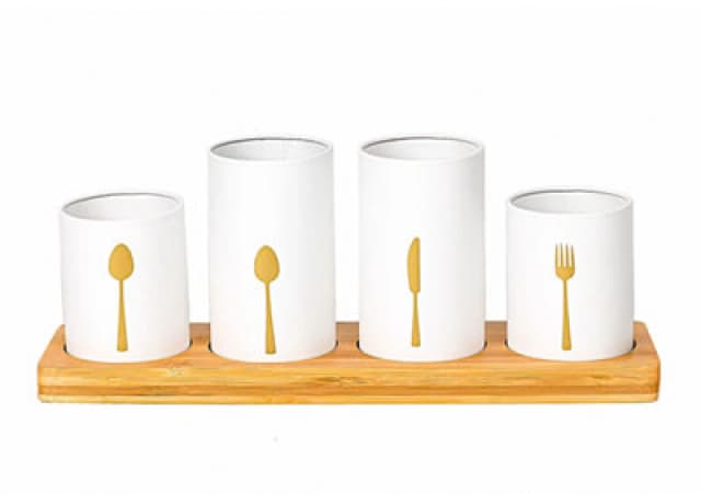 Innoteck Essentials 4Pcs Kitchen Cutlery Holder Set With Bamboo Stand - White