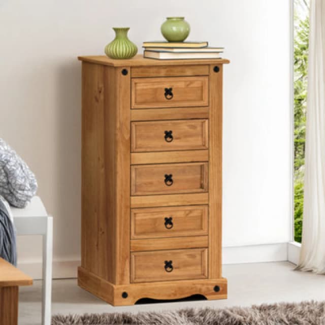 Mercers Furniture Corona 5 Drawer Narrow Chest Of Drawers Solid Wood Pine With Mexican Styling Wooden