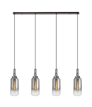 Linear 4 Light Pendant E27 With 16cm Cylinder Glass, Smoked, Clear Black Chrome, Matt Black