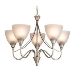 5 Light Multi Arm Ceiling Pendant Light Satin Steel, Opal Glass, E14