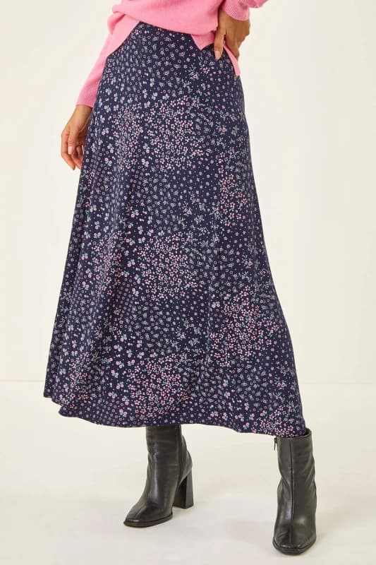 Roman Womens Floral Print Stretch Midi Skirt in Navy Size: 20 Navy Female 20