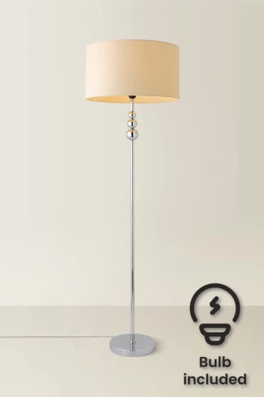 ValueLights Marissa Fabric Drum Shade with Chrome Stacked Ball Floor Lamp with LED Bulb Nude